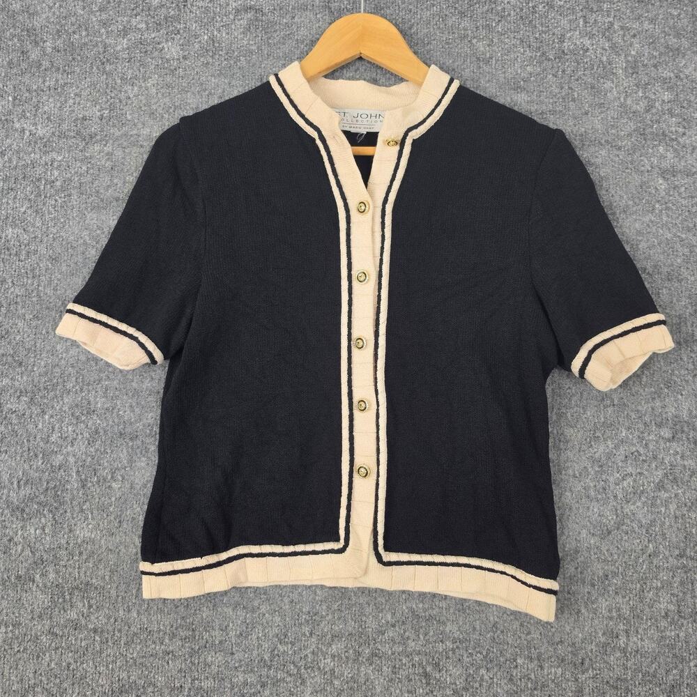 St John Collection Sweater Small Cardigan Short Sleeve Black Office Work Preppy